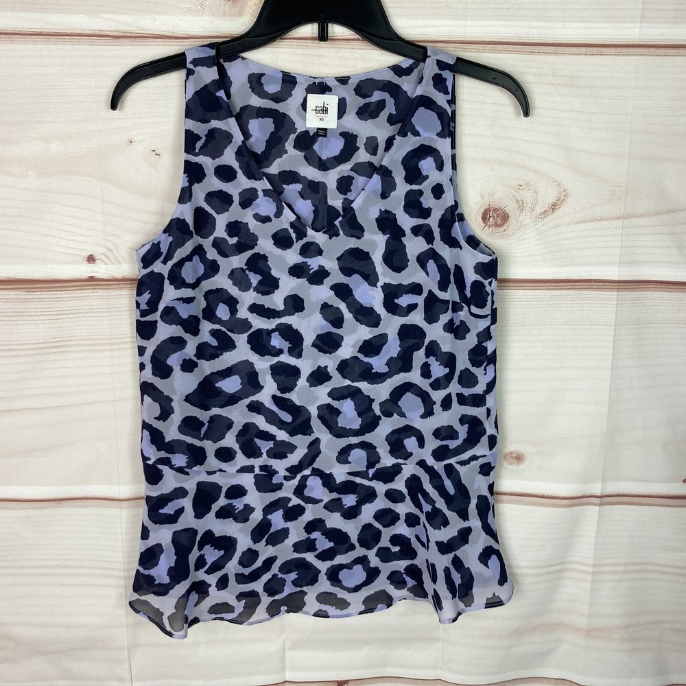 CAbi Top Womens XS Purple Blue Leopard Tank Sleeveless Peplum Blouse V-Neck